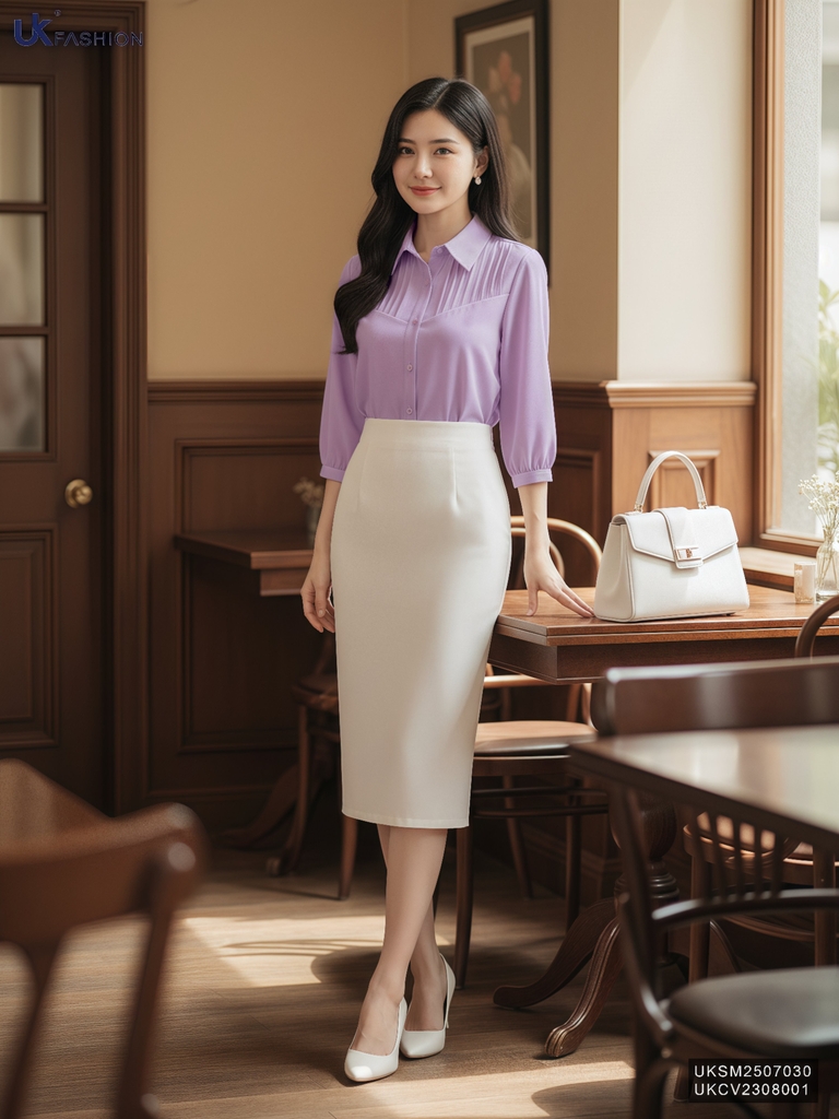 Sơ mi cổ đức xếp ngực tay lỡ mới, dễ mặc, thanh lịch UKSM2507030
