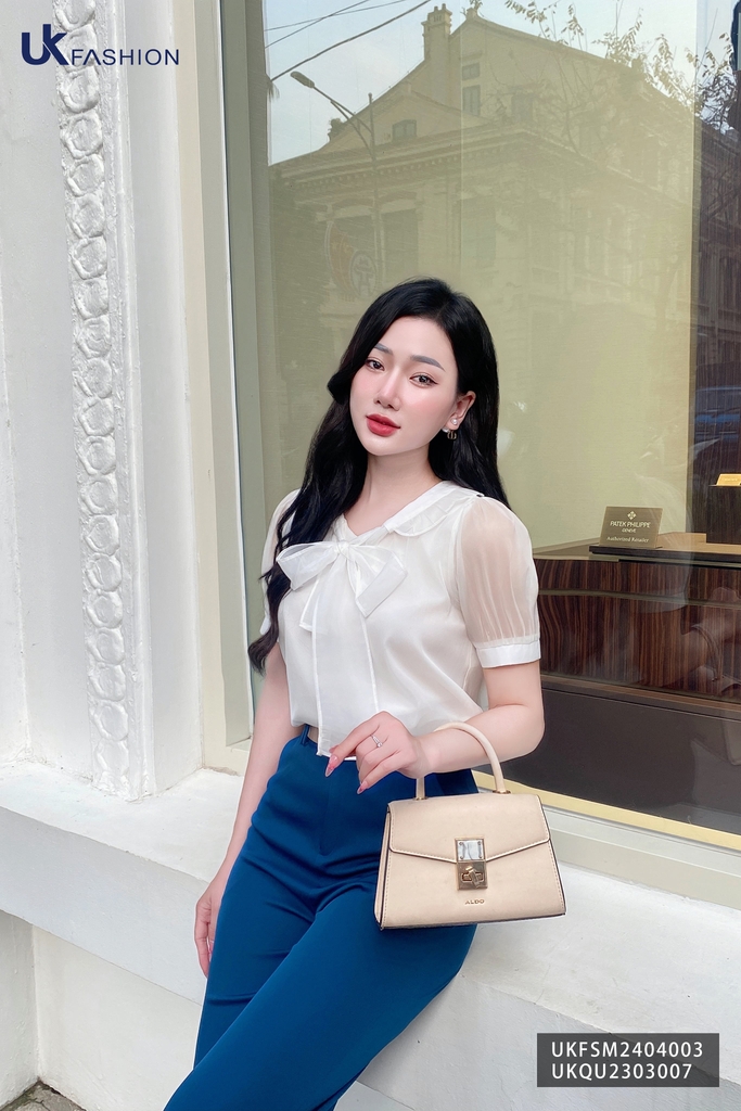 Áo Sơ Mi UK Fashion Phối Nơ Tơ Tiểu Thư, Thanh Lịch UKFSM2404003
