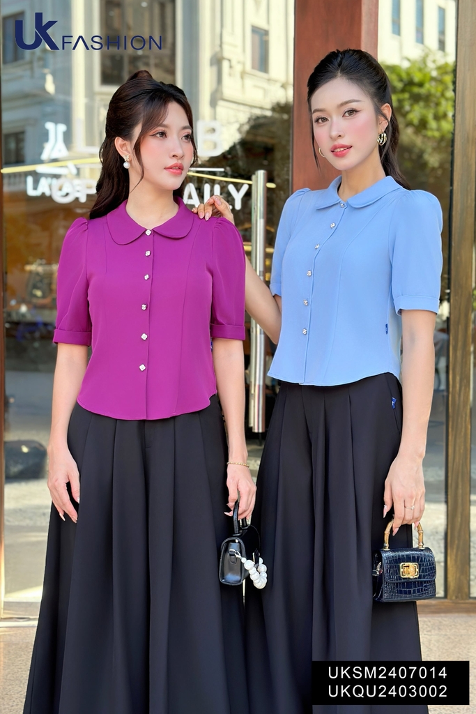 Áo Sơ Mi Cổ Sen 7 Mảnh Cúc Hoa UK Fashion Công Sở Nữ Thanh Lịch, Vải Mềm Mịn UKSM2407014