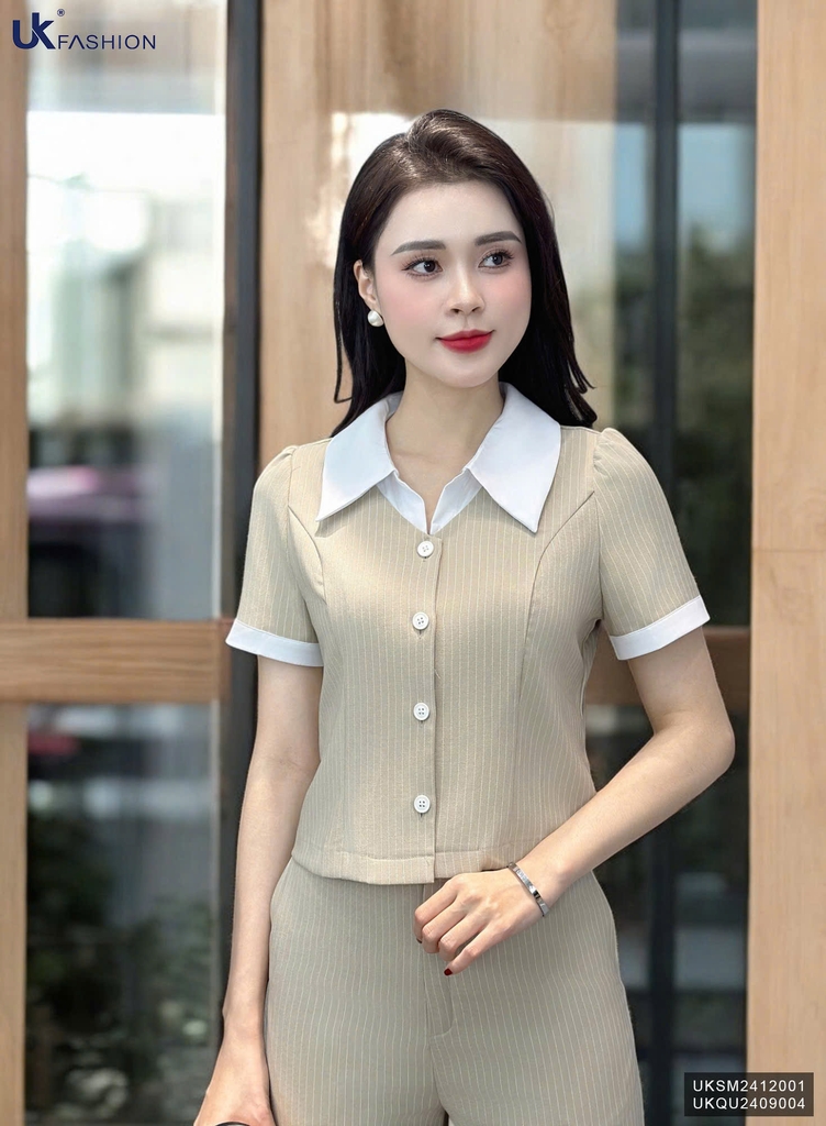 Sơ Mi Kẻ Cúc Nẹp Phối Cổ Đức Thời Trang Công Sở UK Fashion Thanh Lịch, Trẻ Trung UKSM2412001