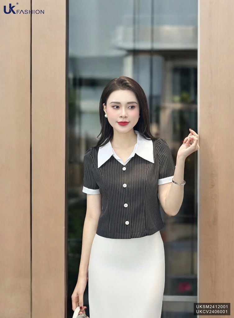 Sơ Mi Kẻ Cúc Nẹp Phối Cổ Đức Thời Trang Công Sở UK Fashion Thanh Lịch, Trẻ Trung UKSM2412001