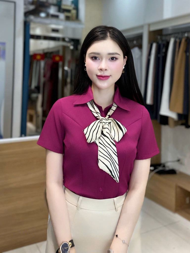 Sơ mi cổ đức can chéo ngực cơ bản, mềm mát UKSM2502005