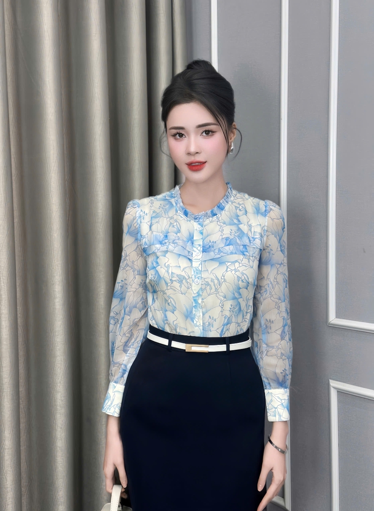 Sơ mi hoa bèo cổ cúc nẹp, kiểu dáng mới, mềm mịn UKSM2502011