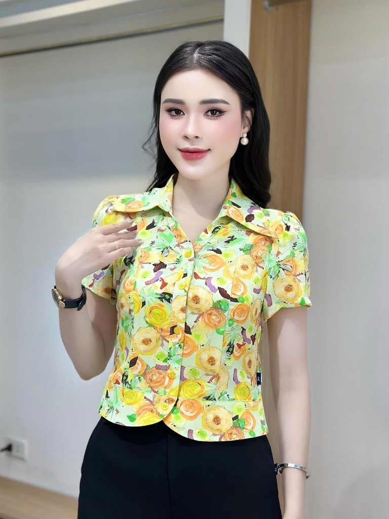 Sơ mi hoa V cổ lá rực rõ, xinh xắn, điệu đà UKSM2506005