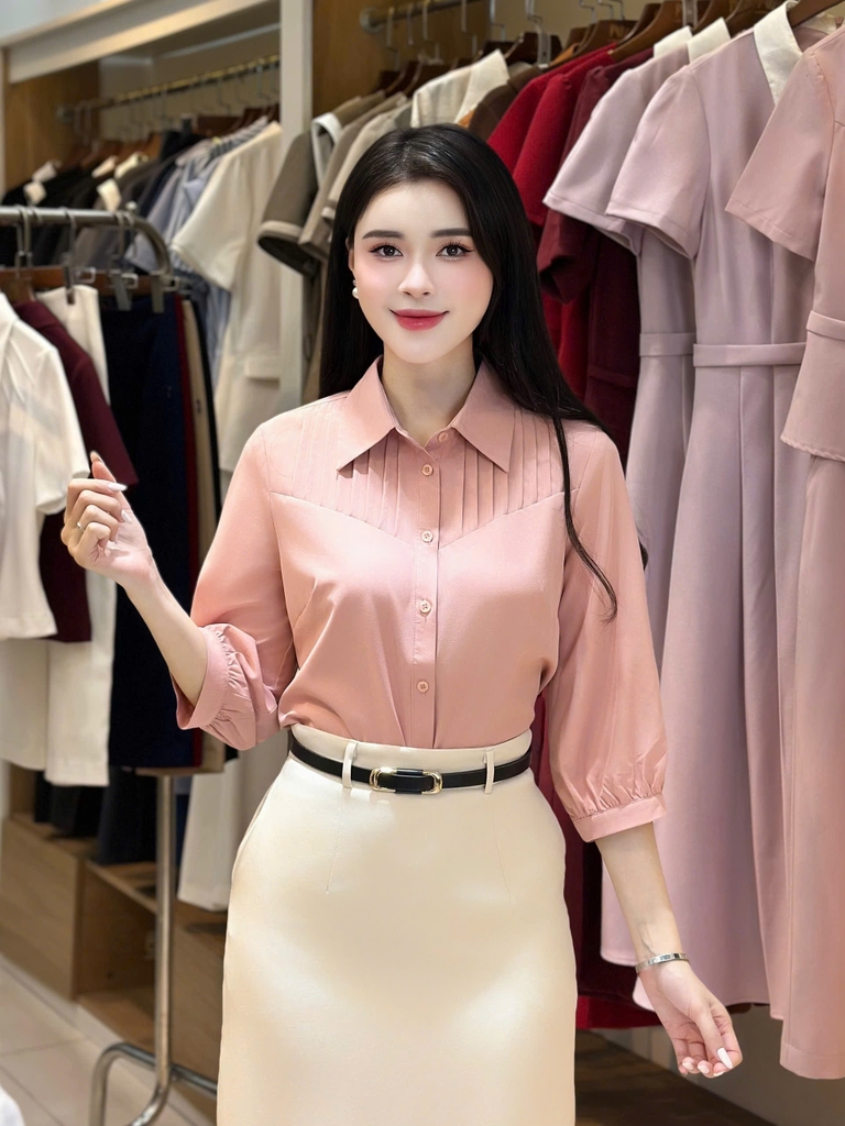 Sơ mi cổ đức xếp ngực tay lỡ mới, dễ mặc, thanh lịch UKSM2507030