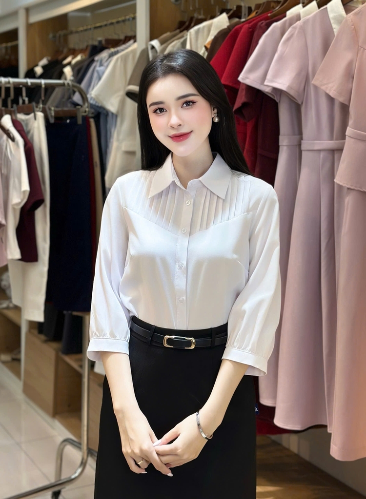 Sơ mi cổ đức xếp ngực tay lỡ mới, dễ mặc, thanh lịch UKSM2507030