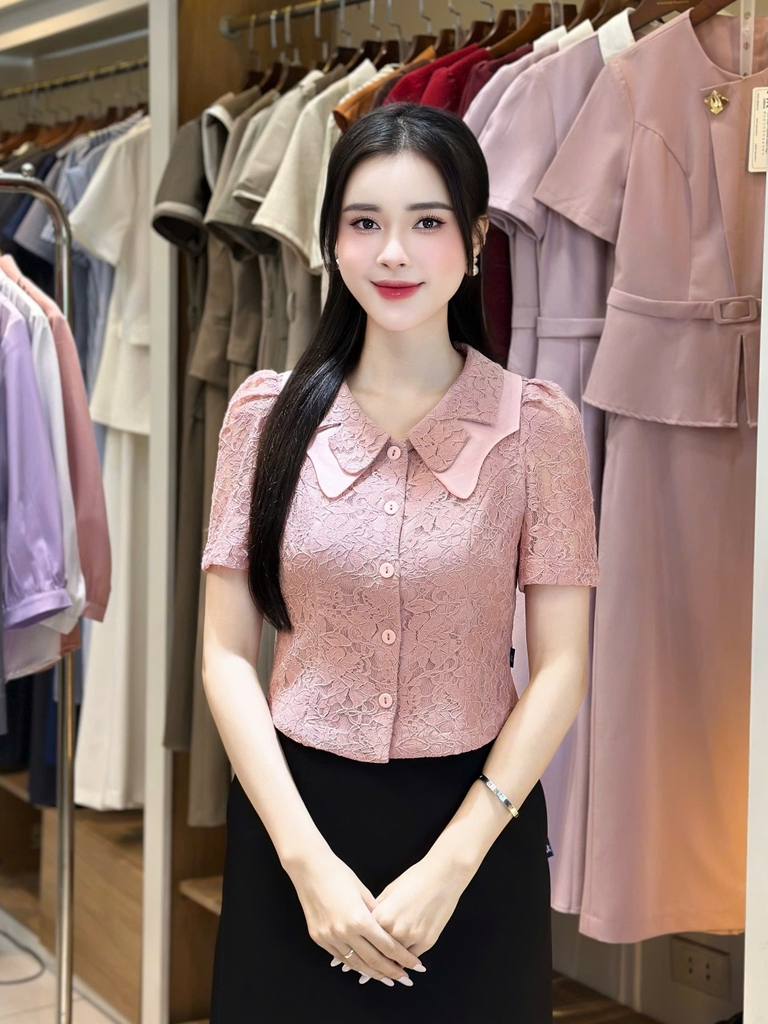 Sơ mi cổ ren kép điệu đà UKSM2508014
