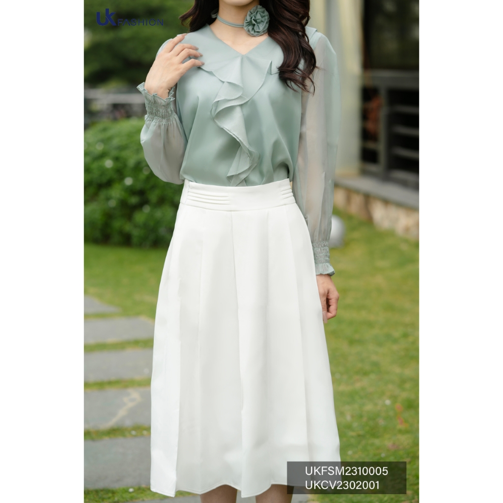 Sơ Mi Tơ Bèo Cổ Tim Chun Tay UK Fashion Thời Trang Công Sở Nữ basic, chất liệu cao cấp thanh lịch UKFSM2310005