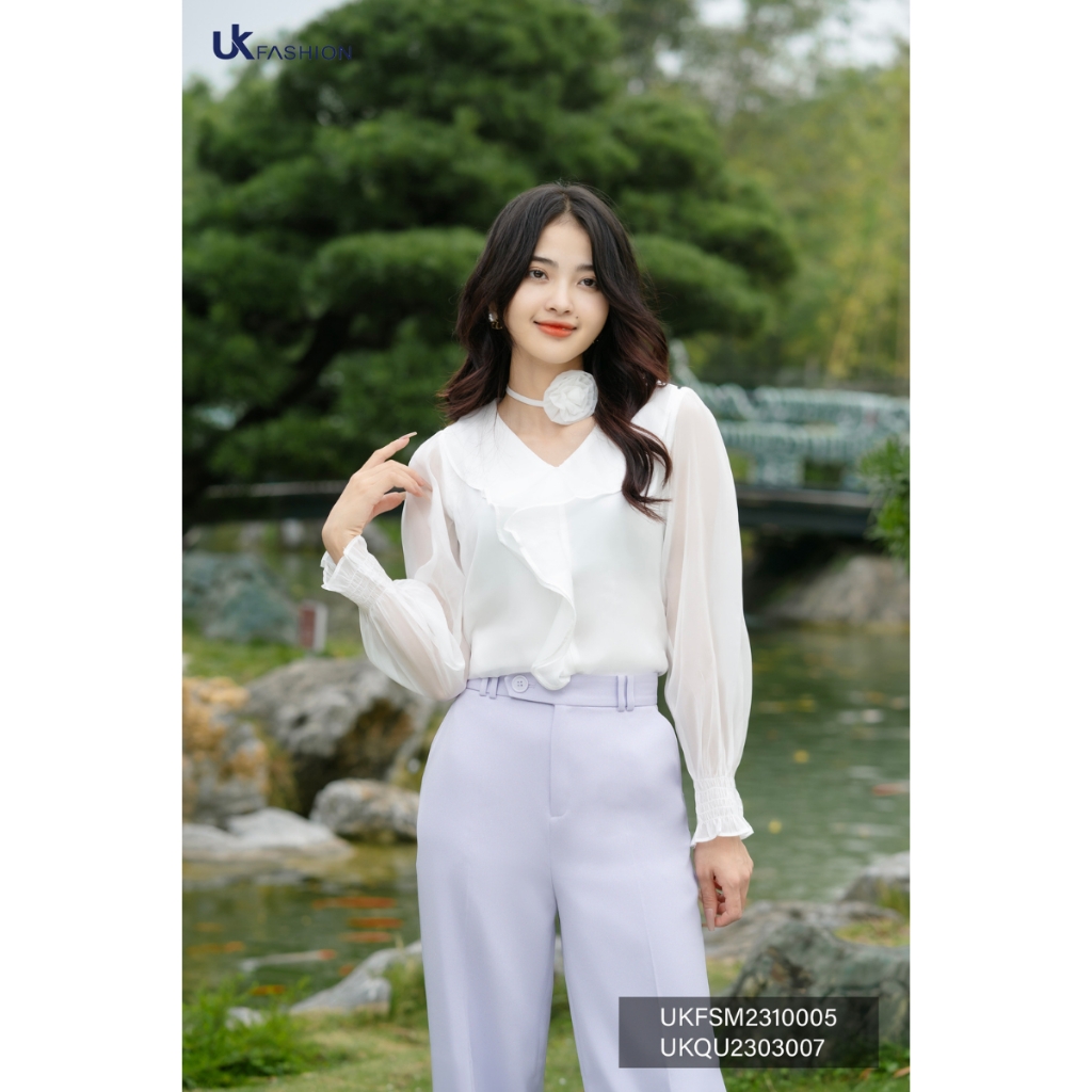 Sơ Mi Tơ Bèo Cổ Tim Chun Tay UK Fashion Thời Trang Công Sở Nữ basic, chất liệu cao cấp thanh lịch UKFSM2310005