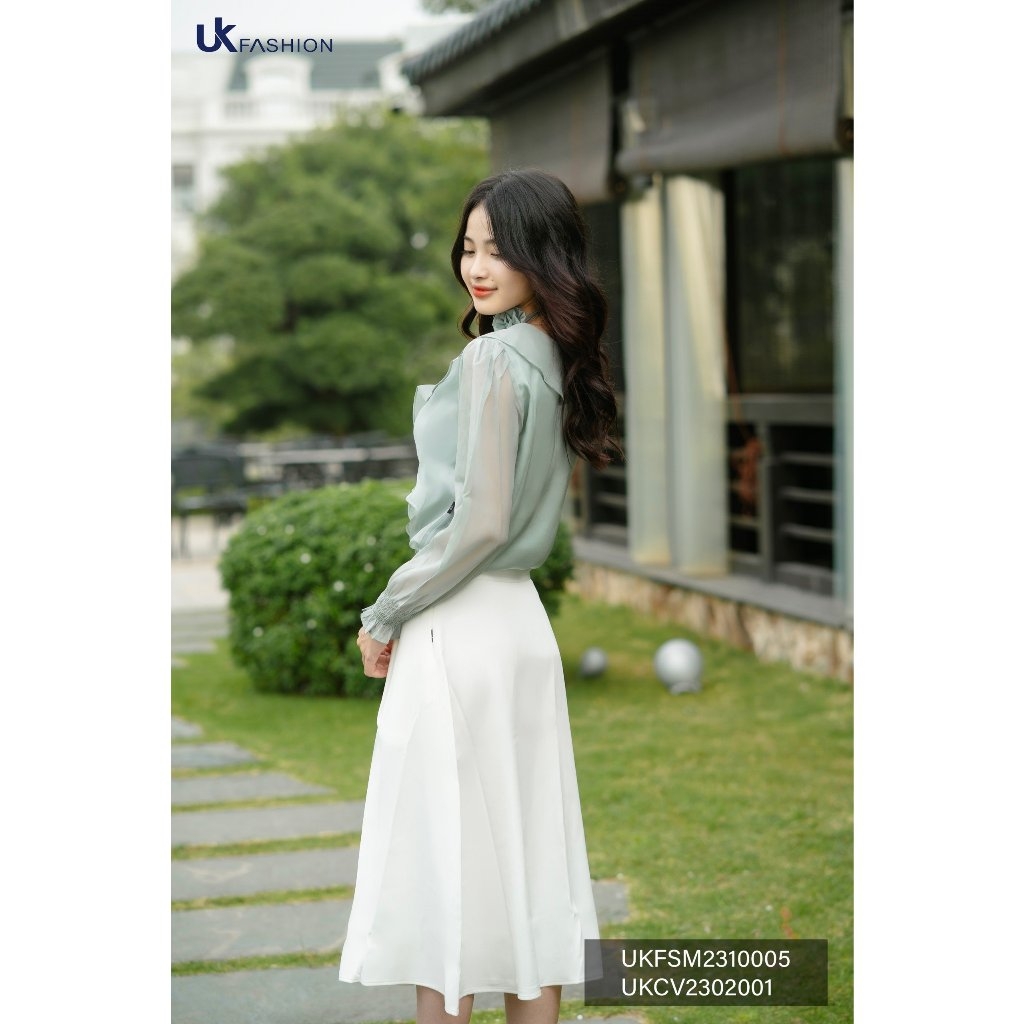 Sơ Mi Tơ Bèo Cổ Tim Chun Tay UK Fashion Thời Trang Công Sở Nữ basic, chất liệu cao cấp thanh lịch UKFSM2310005