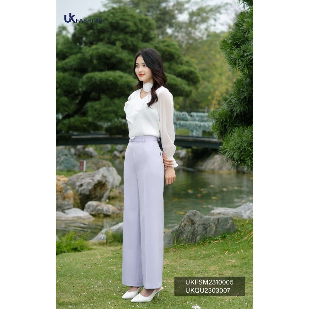 Sơ Mi Tơ Bèo Cổ Tim Chun Tay UK Fashion Thời Trang Công Sở Nữ basic, chất liệu cao cấp thanh lịch UKFSM2310005