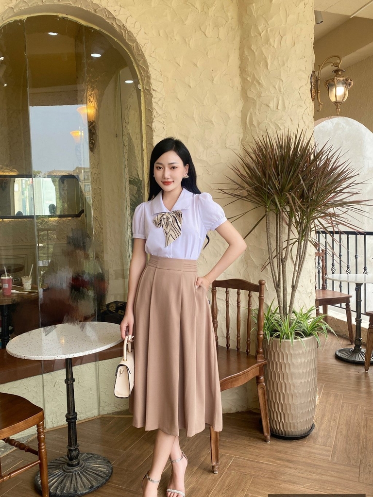 Áo sơ mi cổ nhẵn tay phồng UK Fashion, chất liệu mát, không nhăn, thấm hút mồ hôi, thời trang nữ, công sở UKSM2401006