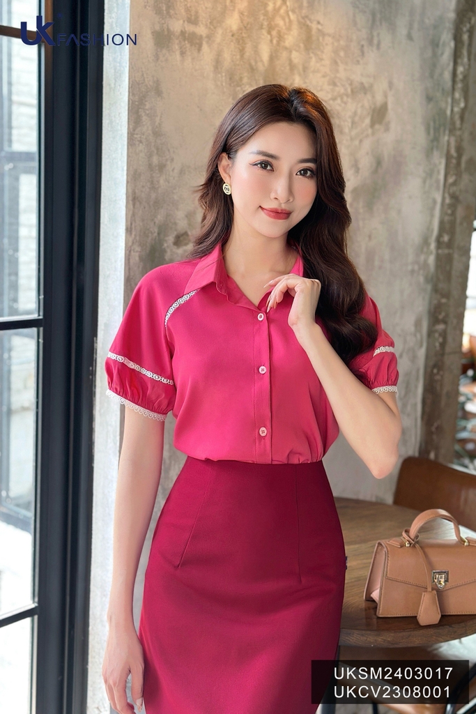 UK Fashion Áo Sơ Mi Raglan Cổ Đức Phối Ren Trẻ Trung, Nữ Tính UKSM2403017