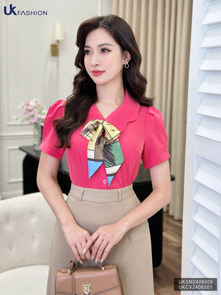 Áo Sơ Mi Croptop Cổ Sen Kiểu UK Fashion Công Sở Nữ Thanh Lịch, Dịu Dàng Vải Mềm Mịn UKSM2406006