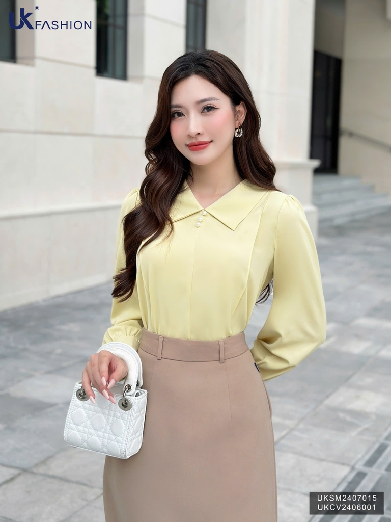 Sơ mi cổ sen nhọn dài tay cúc ngọc xinh xắn, dễ mặc UKSM2407015