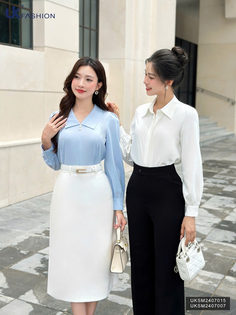 Sơ mi cổ sen nhọn dài tay cúc ngọc xinh xắn, dễ mặc UKSM2407015