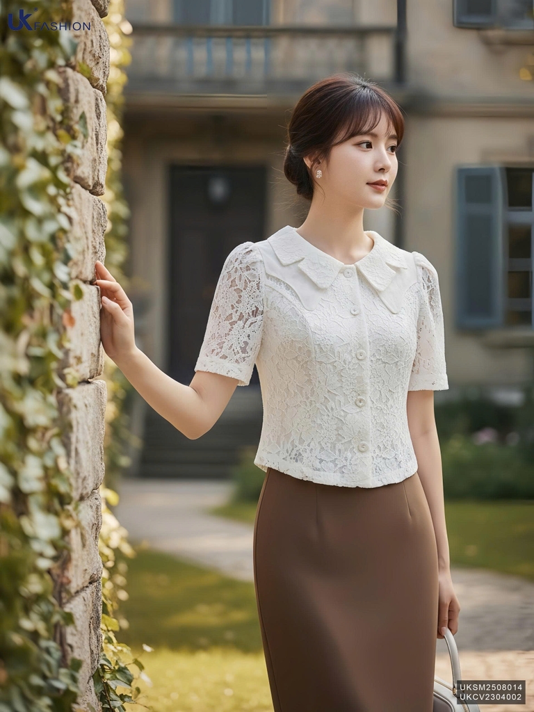 Sơ mi cổ ren kép điệu đà UKSM2508014