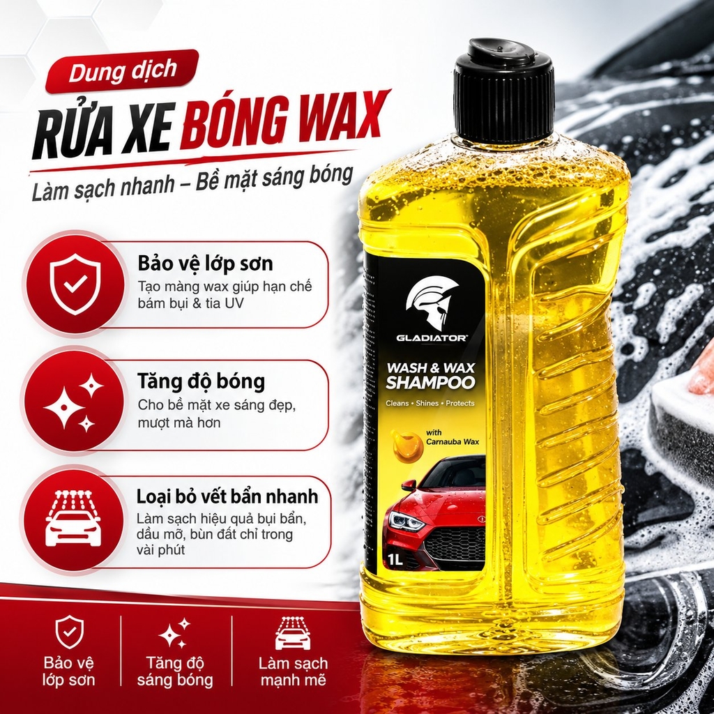 Nước rửa xe bóng wax Gladiator Wash & Wax Shampoo 1L (Carnauba Wax)