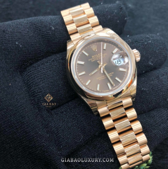 Đồng Hồ Rolex Lady Datejust 279165 Mặt Số Chocolate Cọc Dạ Quang Dây Đeo President