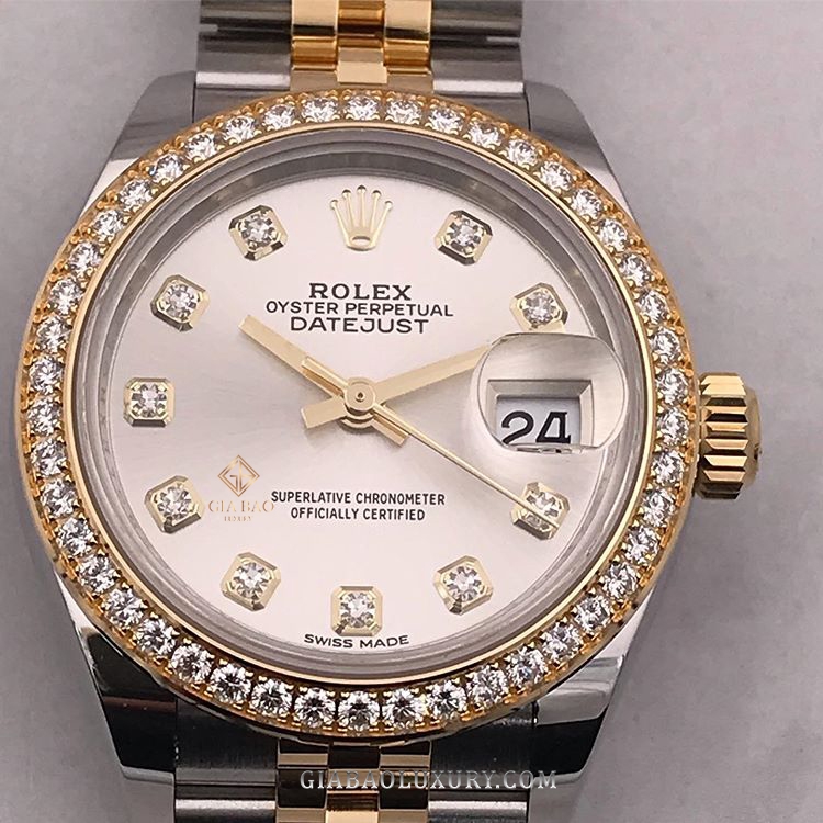 Đồng Hồ Rolex Lady-Datejust 28 279383RBR Mặt Số Bạc Nạm Kim Cương