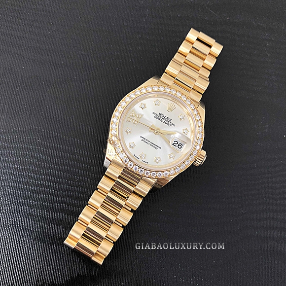 Đồng Hồ Rolex Lady-Datejust 279138 Mặt Số Bạc Cọc Số Sao Dây Đeo President
