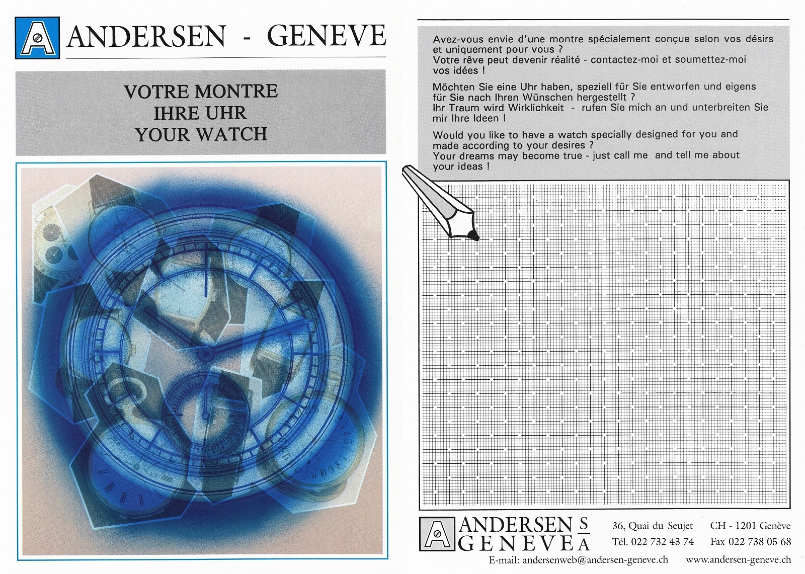 Tờ rơi quảng cáo gợi ý làm đồng hồ của Andersen Geneve