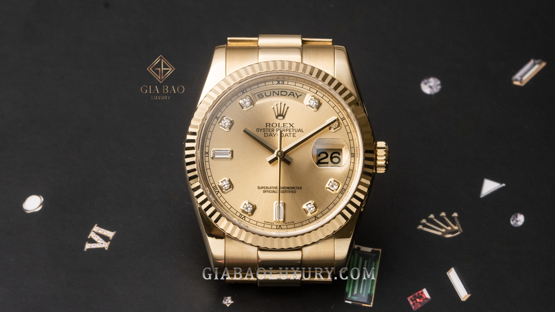 Đồng Hồ Rolex Day Date 36 118238 Mặt Số Champagne Nạm Kim Cương