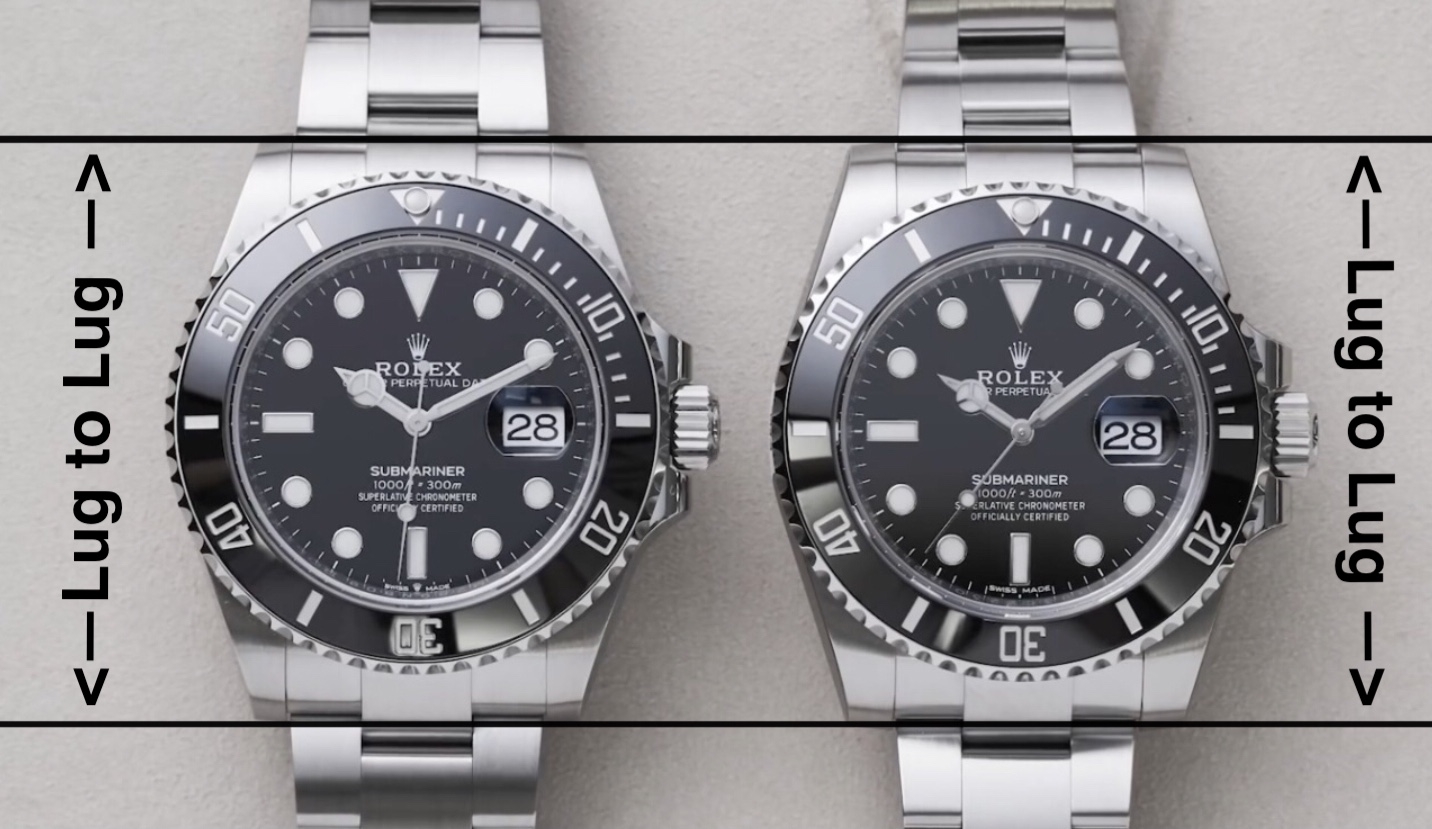 Mặc dù Rolex Submariner 126610LN (bên trái) có đường kính lớn hơn ref. 116610LN, tuy nhiên kích thước lug-to-lug của 2 model này lại giống hệt nhau nên khi lên tay không tạo ra sự khác biệt quá lớn.