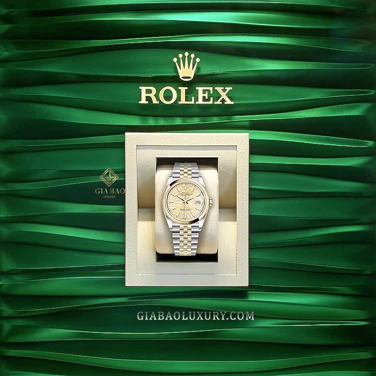 Đồng Hồ Rolex Datejust 36 126203 Mặt Số Cây Lá Nhiệt Đới Vàng Champagne Cọc Số Dạ Quang