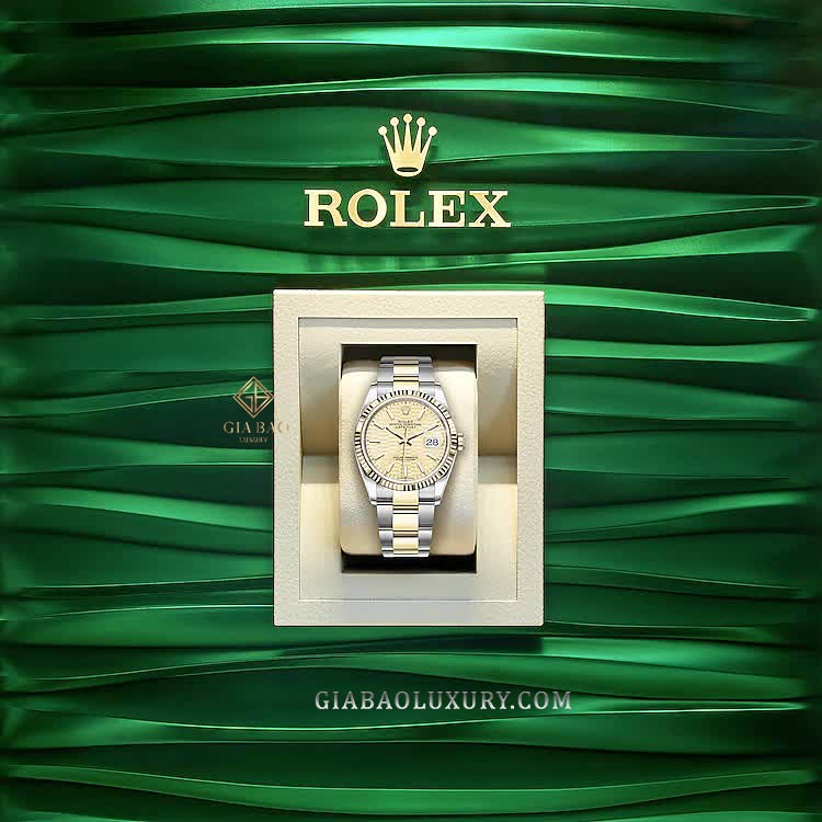 Đồng Hồ Rolex Datejust 36 126233 Mặt Số Vàng Vân Gấp Nếp Cọc Số Dạ Quang Dây Đeo Oyster