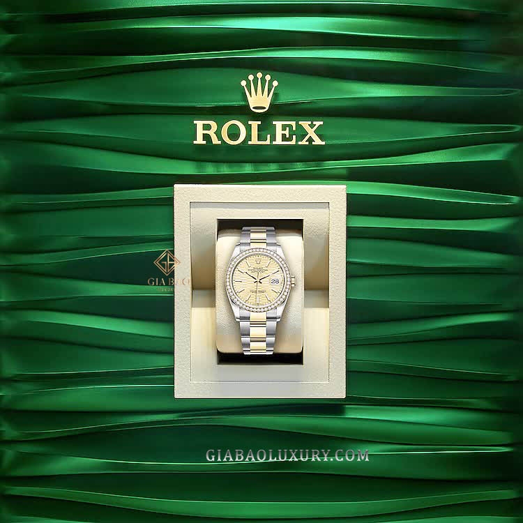 Đồng Hồ Rolex Datejust 36 126283RBR Mặt Số Vàng Vân Gấp Nếp Cọc Số Dạ Quang Dây Đeo Oyster