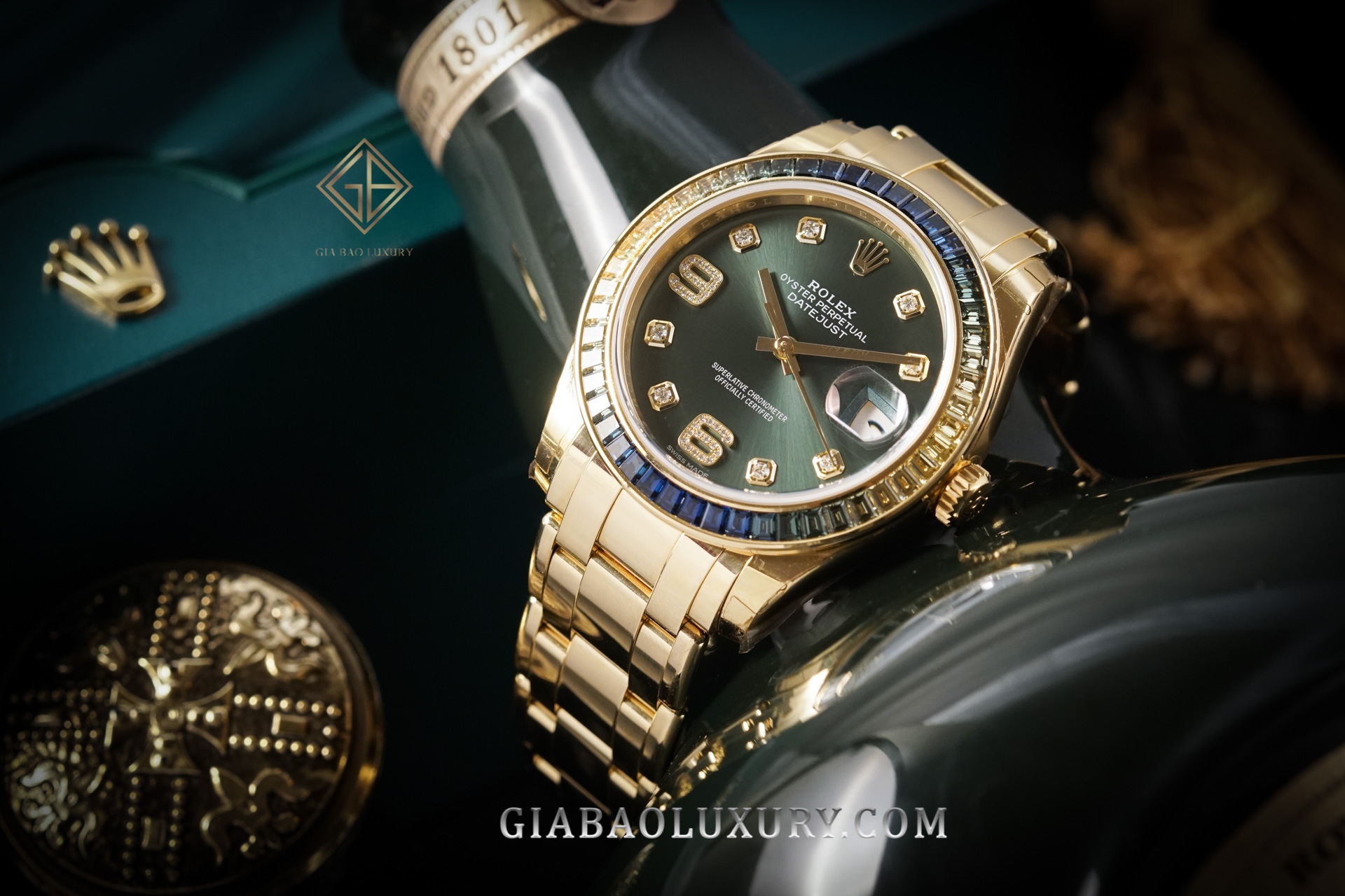 Đồng hồ Rolex Pearlmaster 39 86348SABLV Mặt Số Xanh Oliu