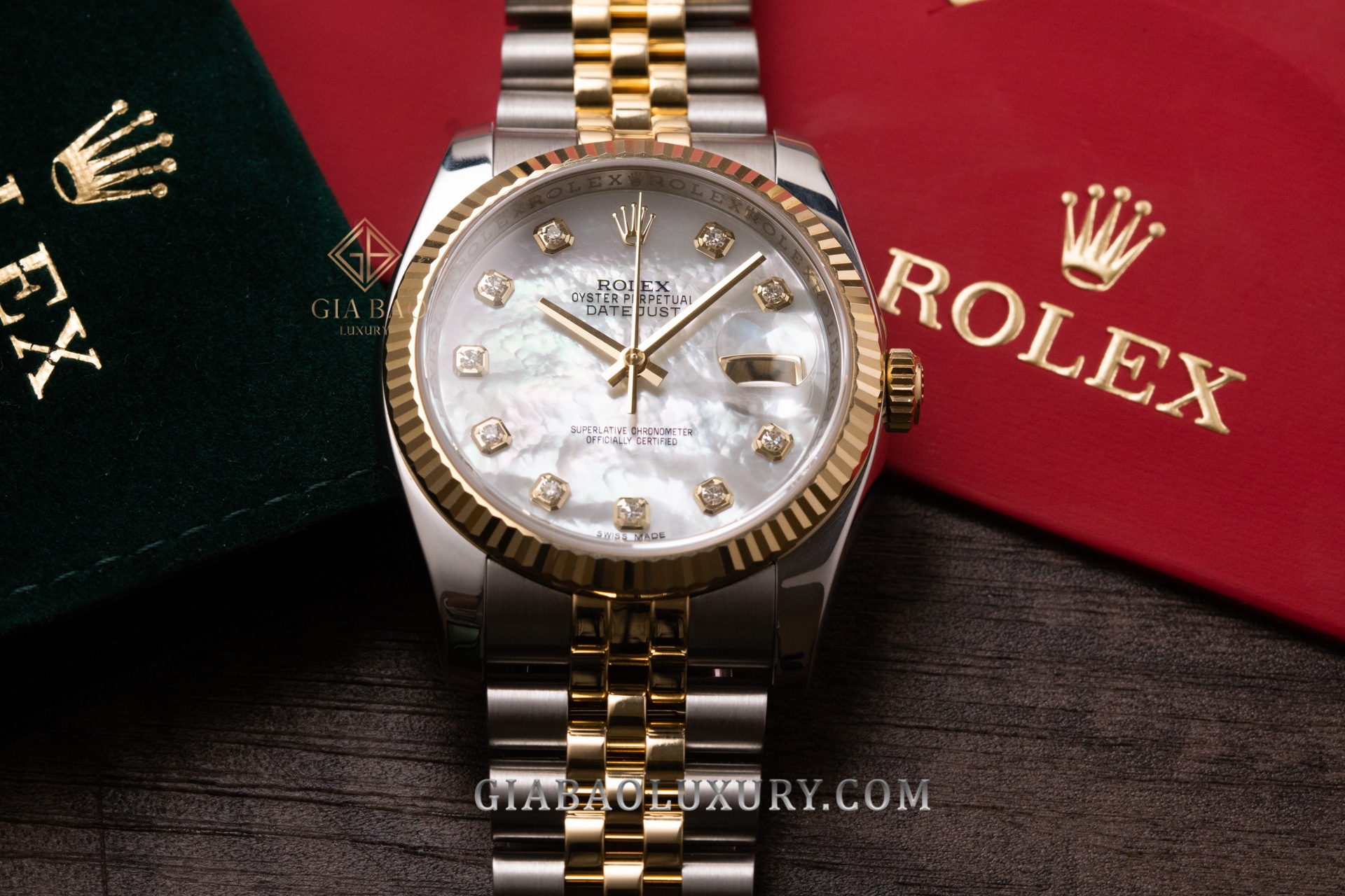 Đồng Hồ Rolex Datejust 116233 Mặt Số Vỏ Trai Trắng Nạm Kim Cương