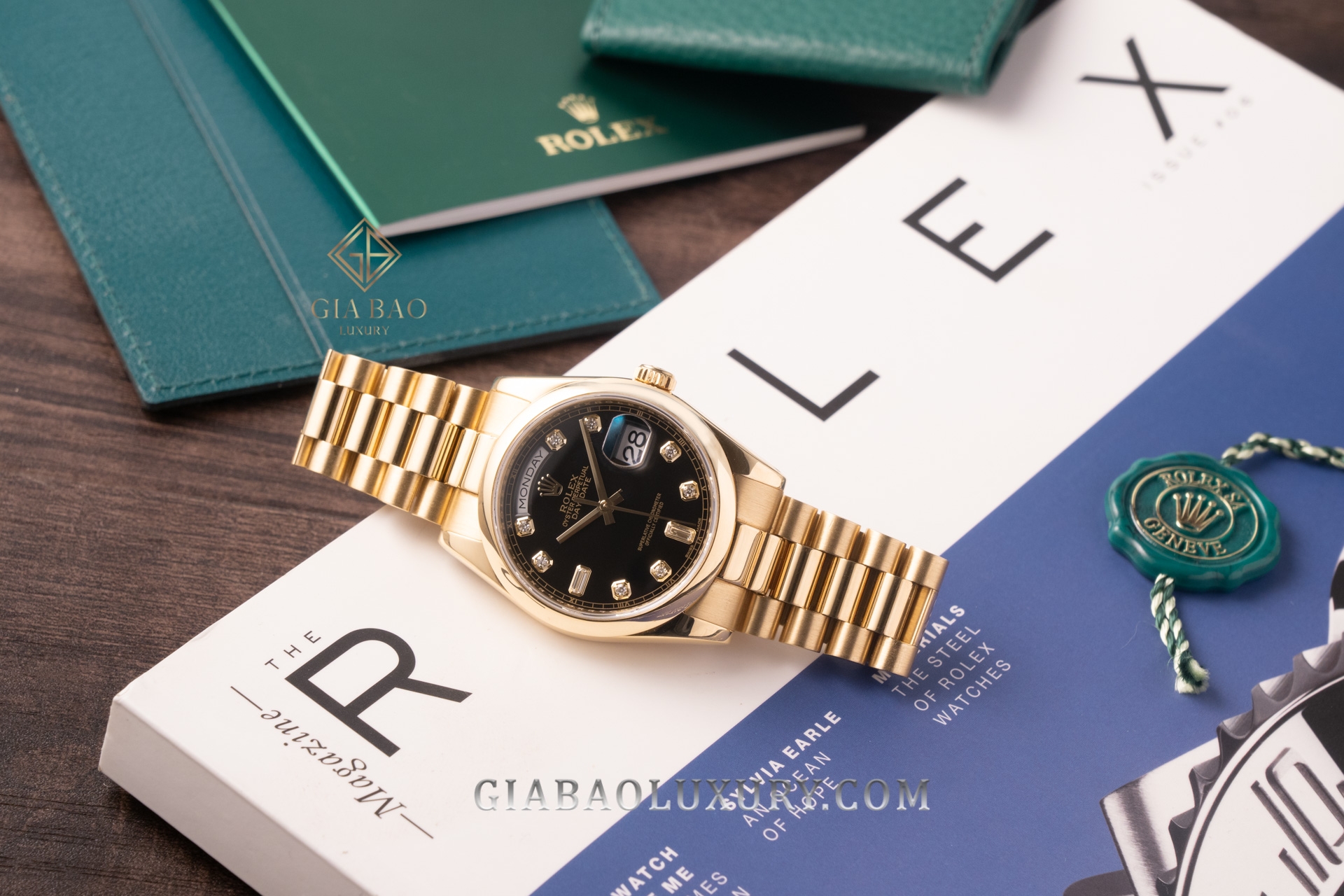  Đồng hồ Rolex Day-Date 36 118208 Mặt Số Đen Cọc Số Kim Cương