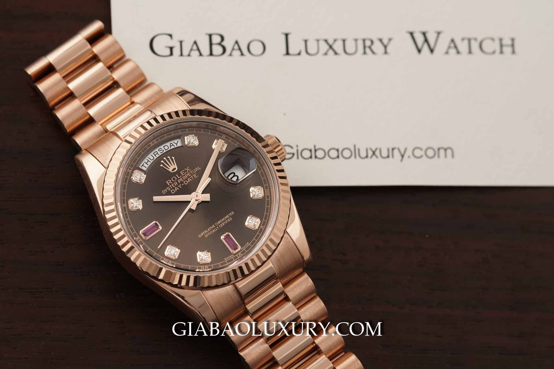 Đồng hồ Rolex Day-Date 118235 Mặt Số Chocolate Đá Ruby Đỏ Dây Đeo President