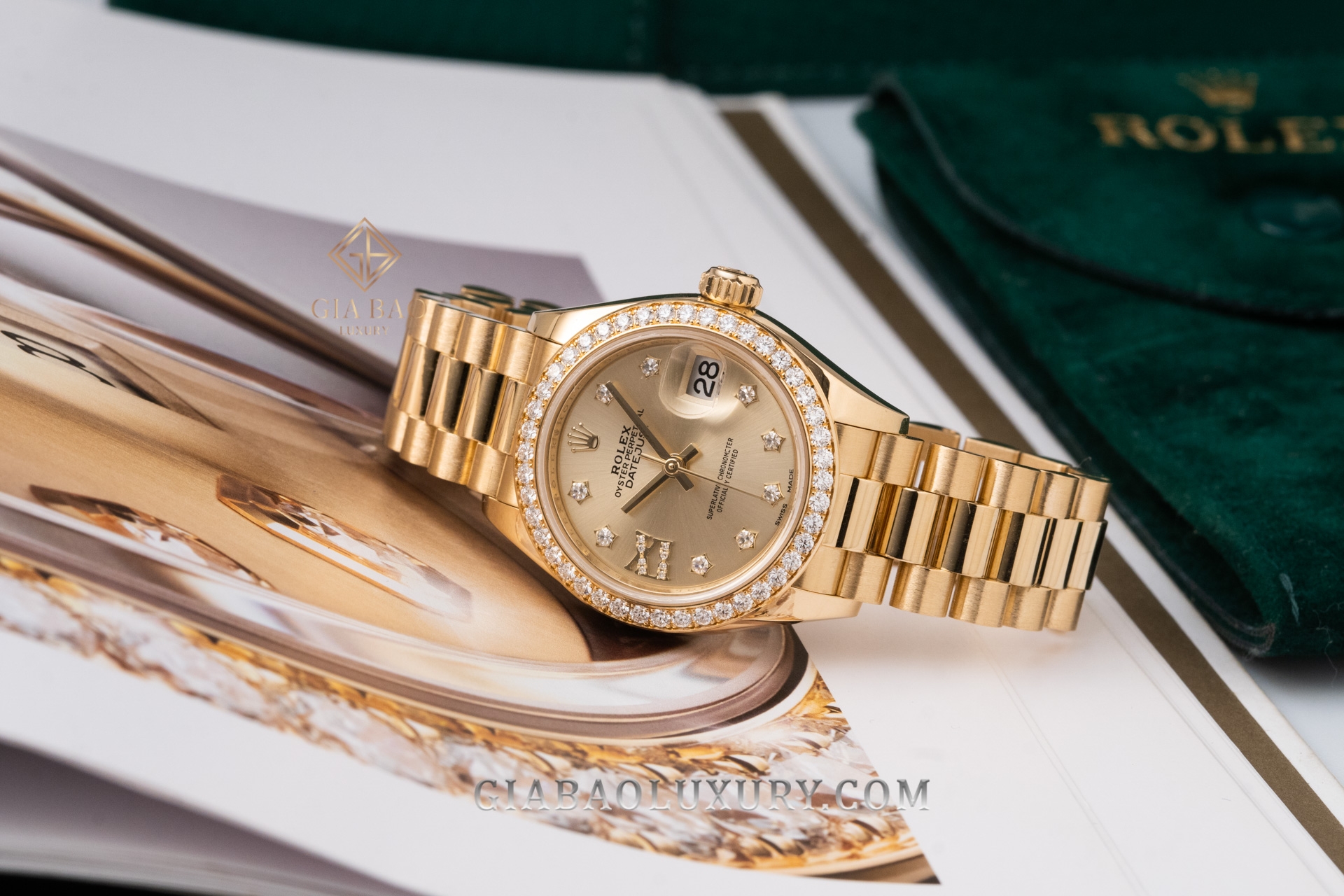 Đồng Hồ Rolex Lady-Datejust 279138 Mặt Số Champagne  Cọc Số Sao La Mã Dây Đeo President