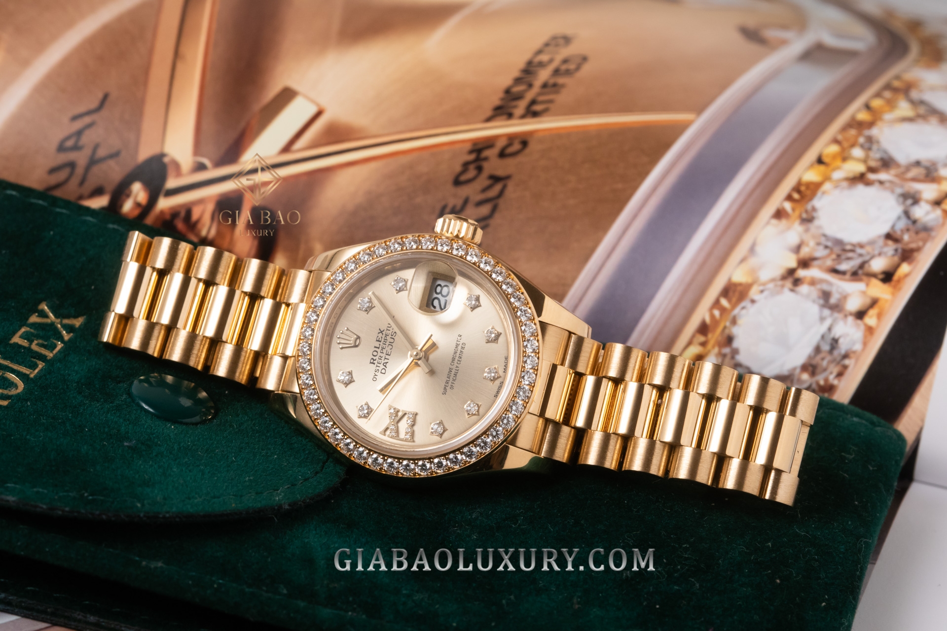 Đồng Hồ Rolex Lady-Datejust 279138 Mặt Số Champagne  Cọc Số Sao La Mã Dây Đeo President