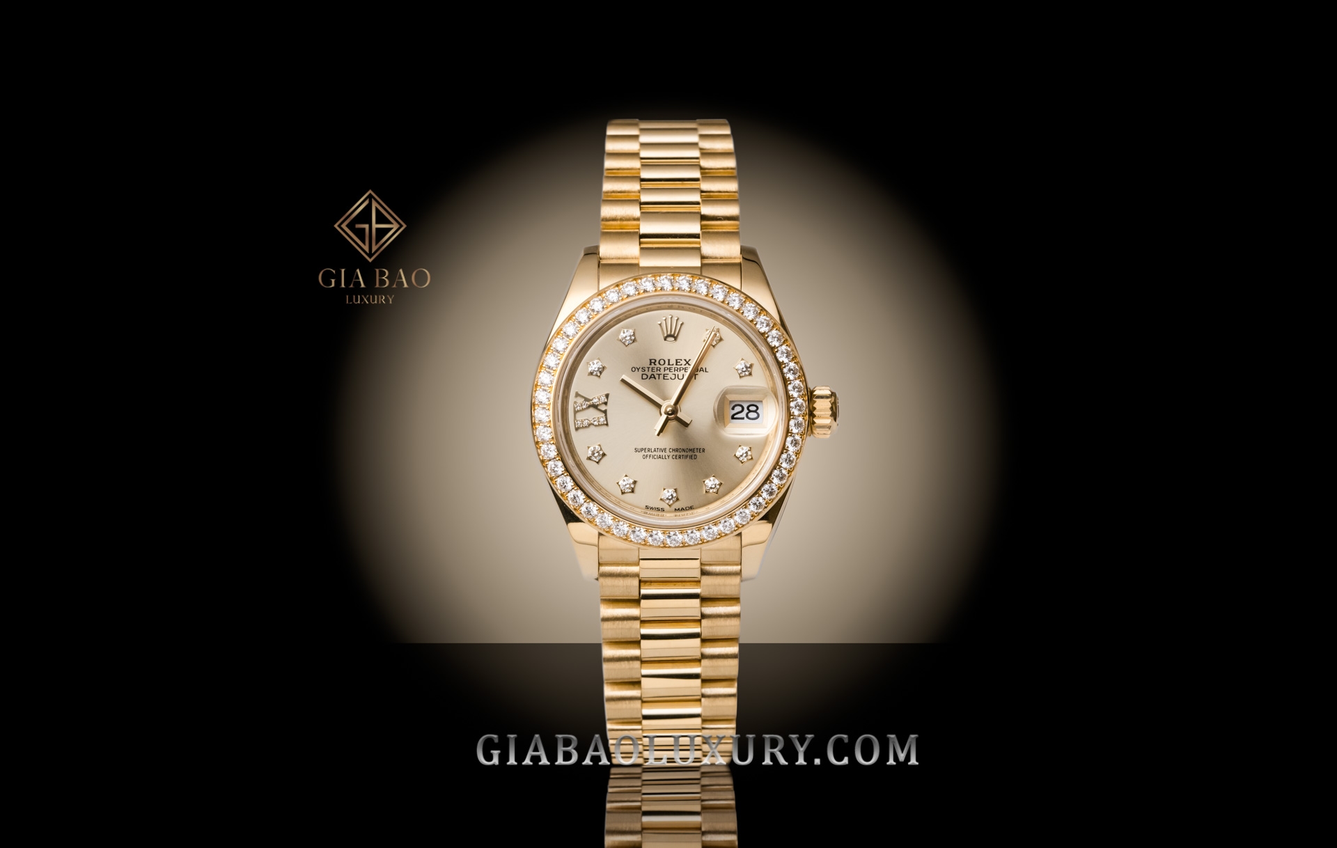 Đồng Hồ Rolex Lady-Datejust 279138 Mặt Số Champagne  Cọc Số Sao La Mã Dây Đeo President