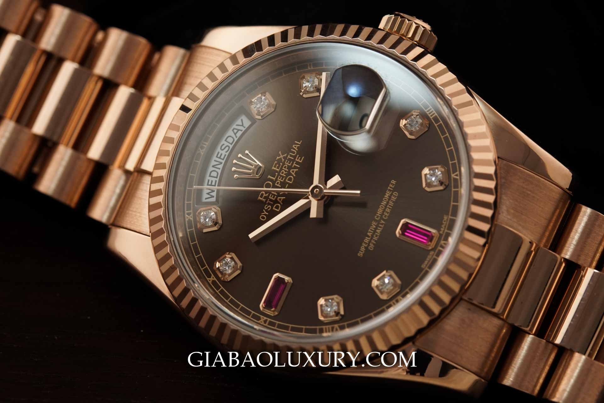 Đồng hồ Rolex Day-Date 118235 Mặt Số Chocolate Đá Ruby Đỏ Dây Đeo President