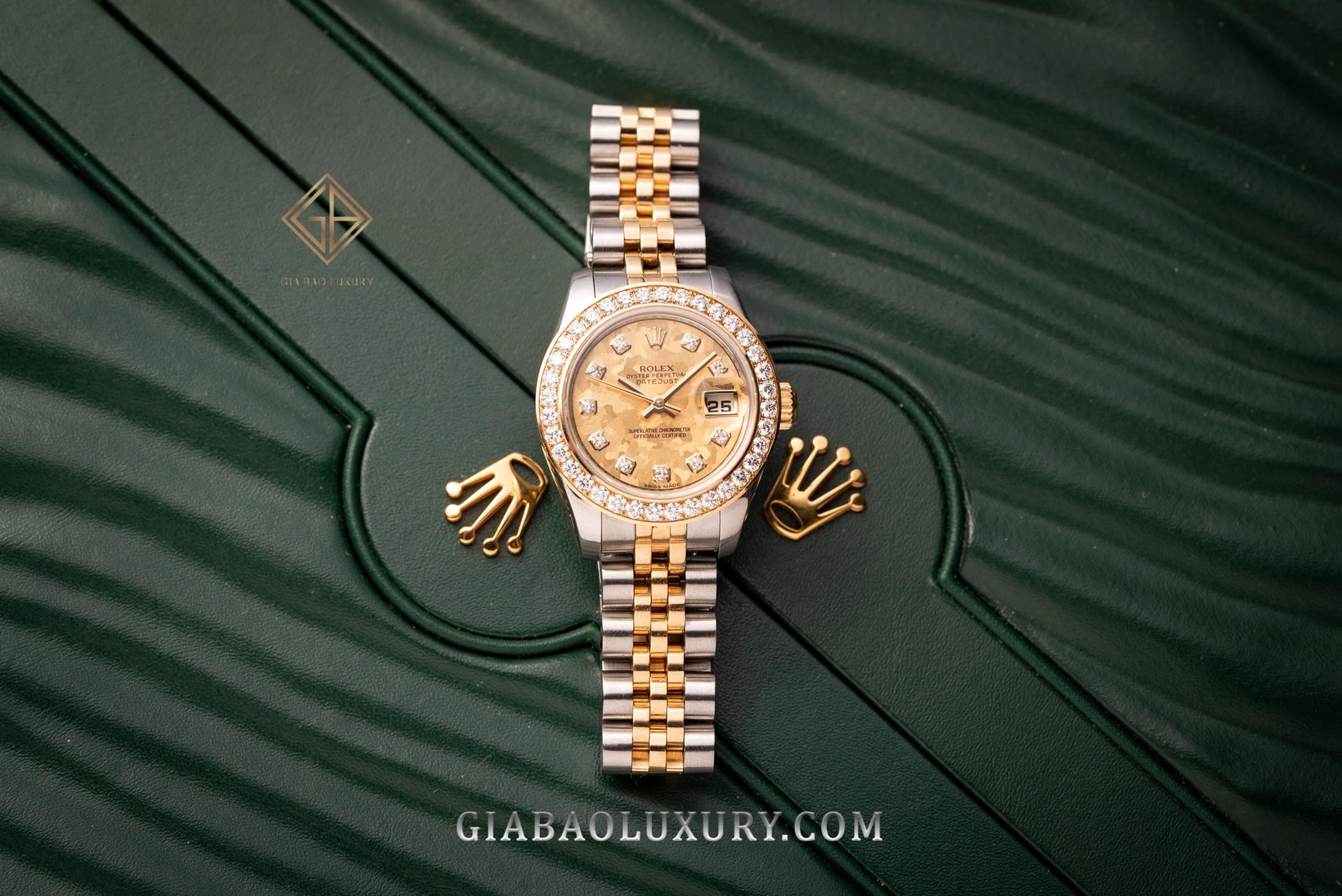 Đồng Hồ Rolex Lady-Datejust 26 179173 Mặt Số Họa Tiết Hoa Vàng Nạm Kim Cương