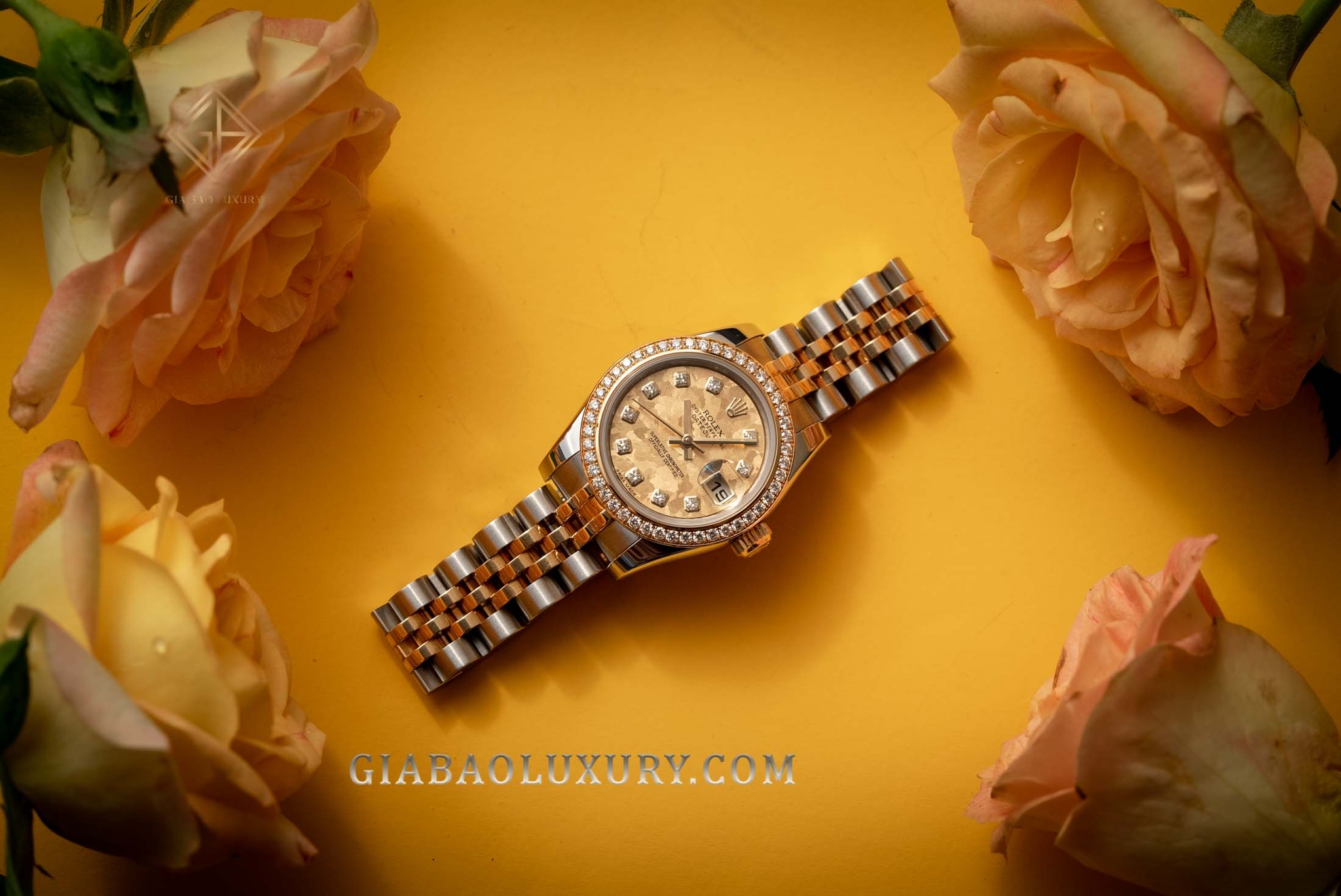 Đồng Hồ Rolex Lady-Datejust 26 179383 Mặt Số Họa Tiết Vân Đá Hoa Vàng Nạm Kim Cương