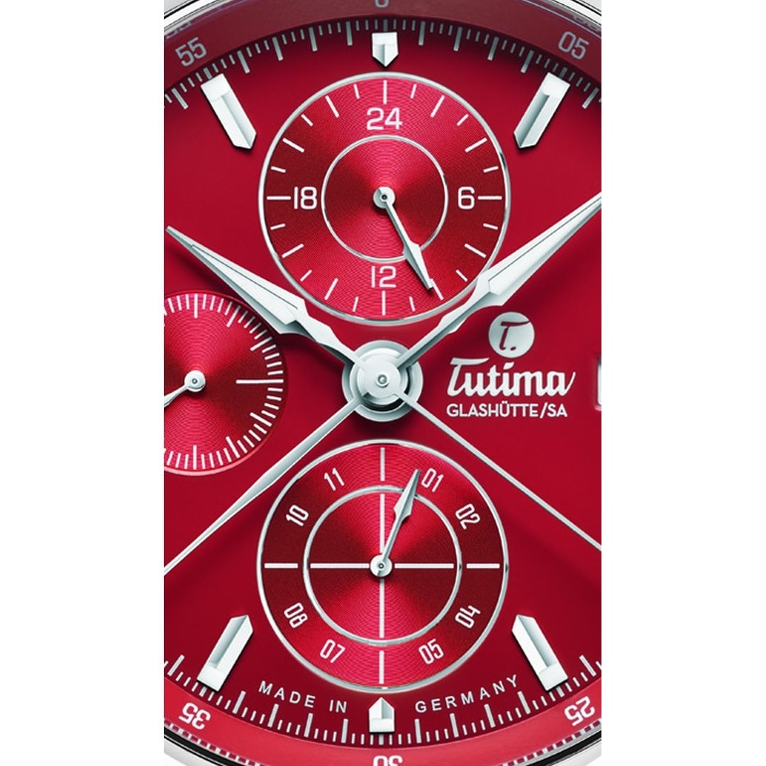 Đồng hồ đeo tay thương hiệu Tutima, dòng sản phẩm Saxon One, Ref no: 6420-07, mặt số đỏ Racing, size 43mm, máy tự động, vỏ và dây đồng hồ bằng thép không gỉ, hàng mới 100%