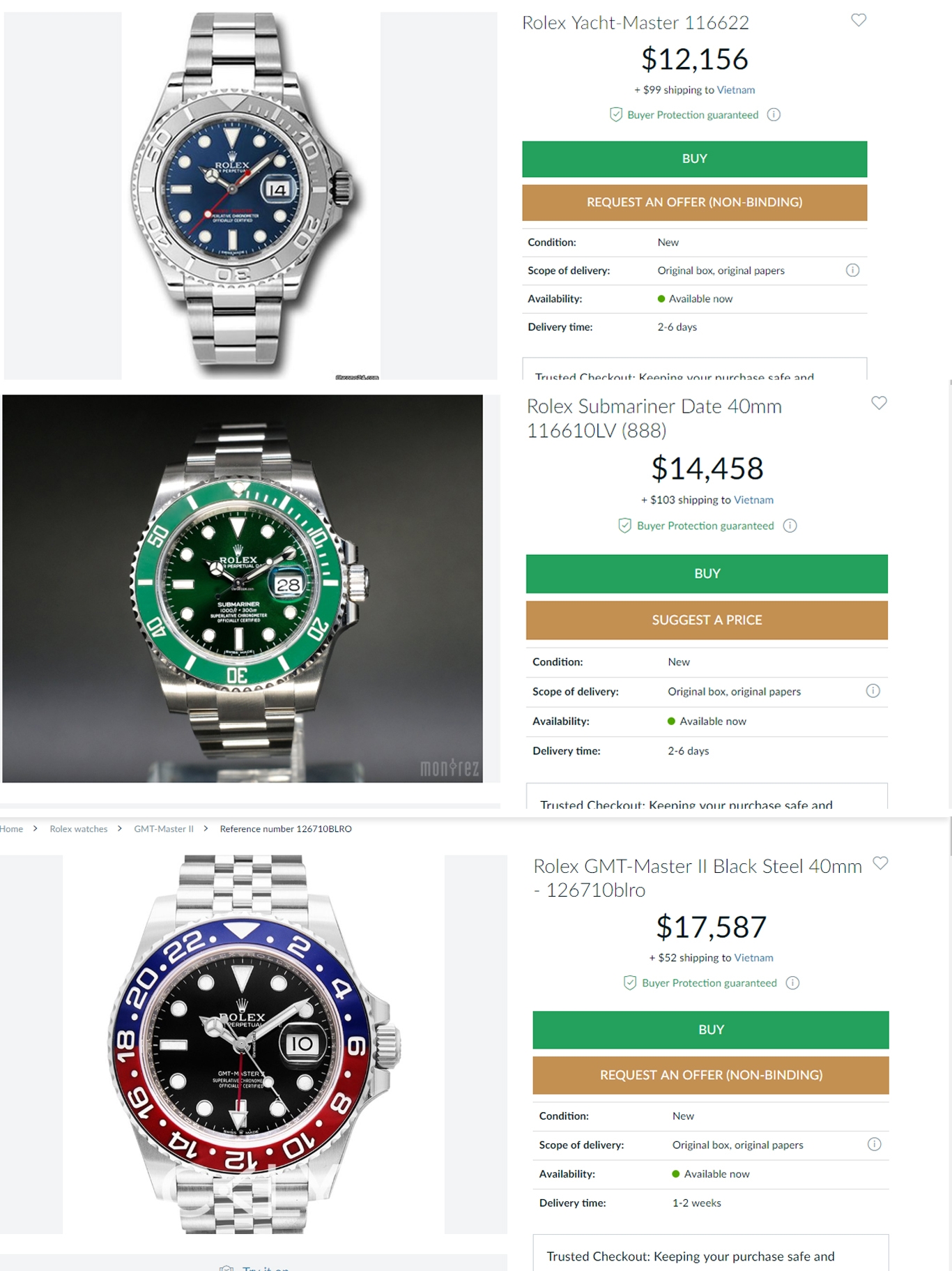 So sánh đồng hồ Rolex Yacht-Master 116622, Submariner Date "Hulk" 116610LV và GMT-Master II "Pepsi" 126710BLRO