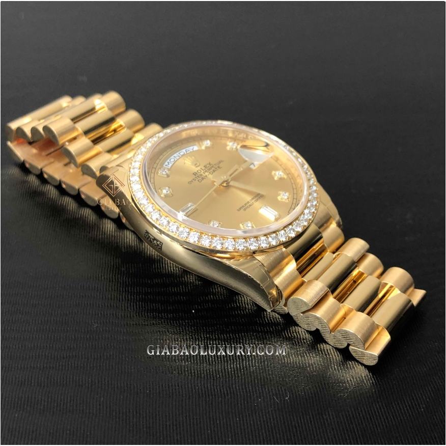 Đồng Hồ Rolex Day-Date 36 128348RBR Mặt Số Vàng Champagne Nạm Kim Cương