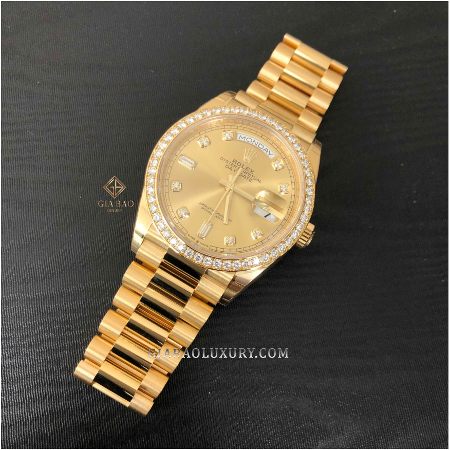 Đồng Hồ Rolex Day-Date 36 128348RBR Mặt Số Vàng Champagne Nạm Kim Cương