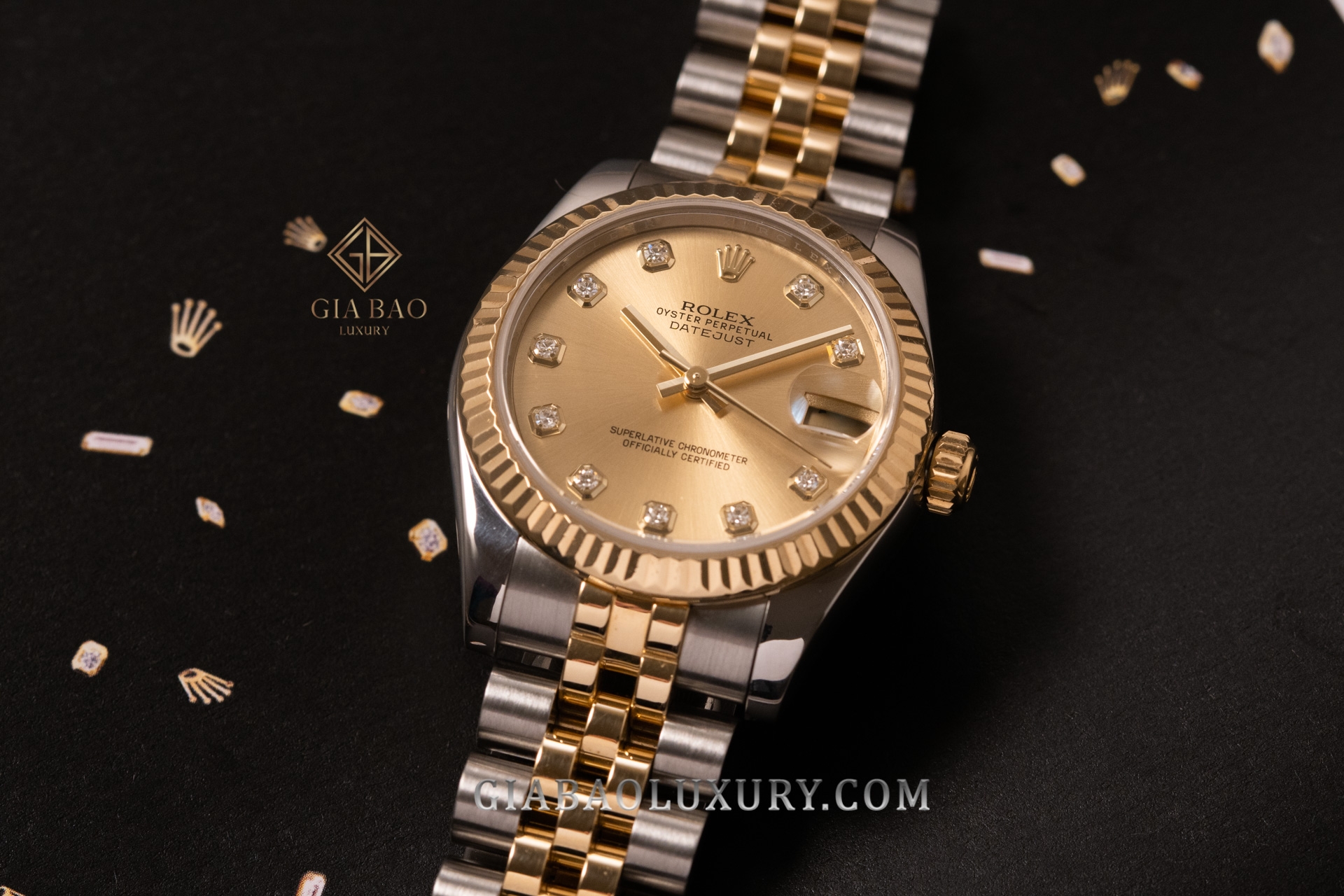 Đồng Hồ Rolex Lady Datejust 31 178273 Mặt Số Vàng Champage Cọc Số Kim Cương