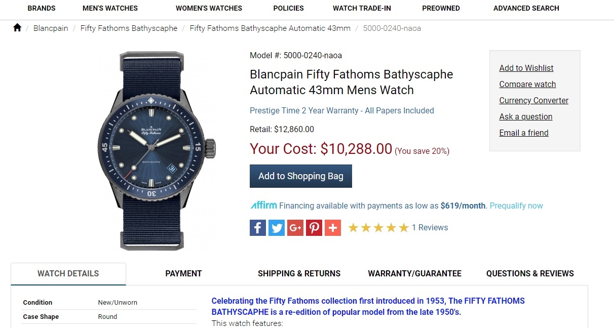 Đồng Hồ Blancpain Fifty Fathoms Bathyscaphe 5000-0240-NAOA