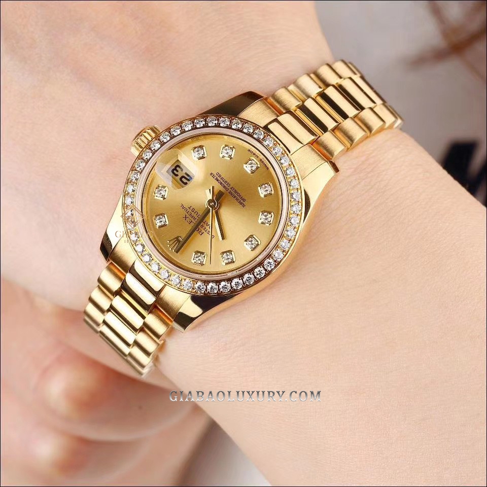 Đồng Hồ Rolex Lady-Datejust 26 179138 Mặt Số Vàng Champagne Cọc Kim Cương