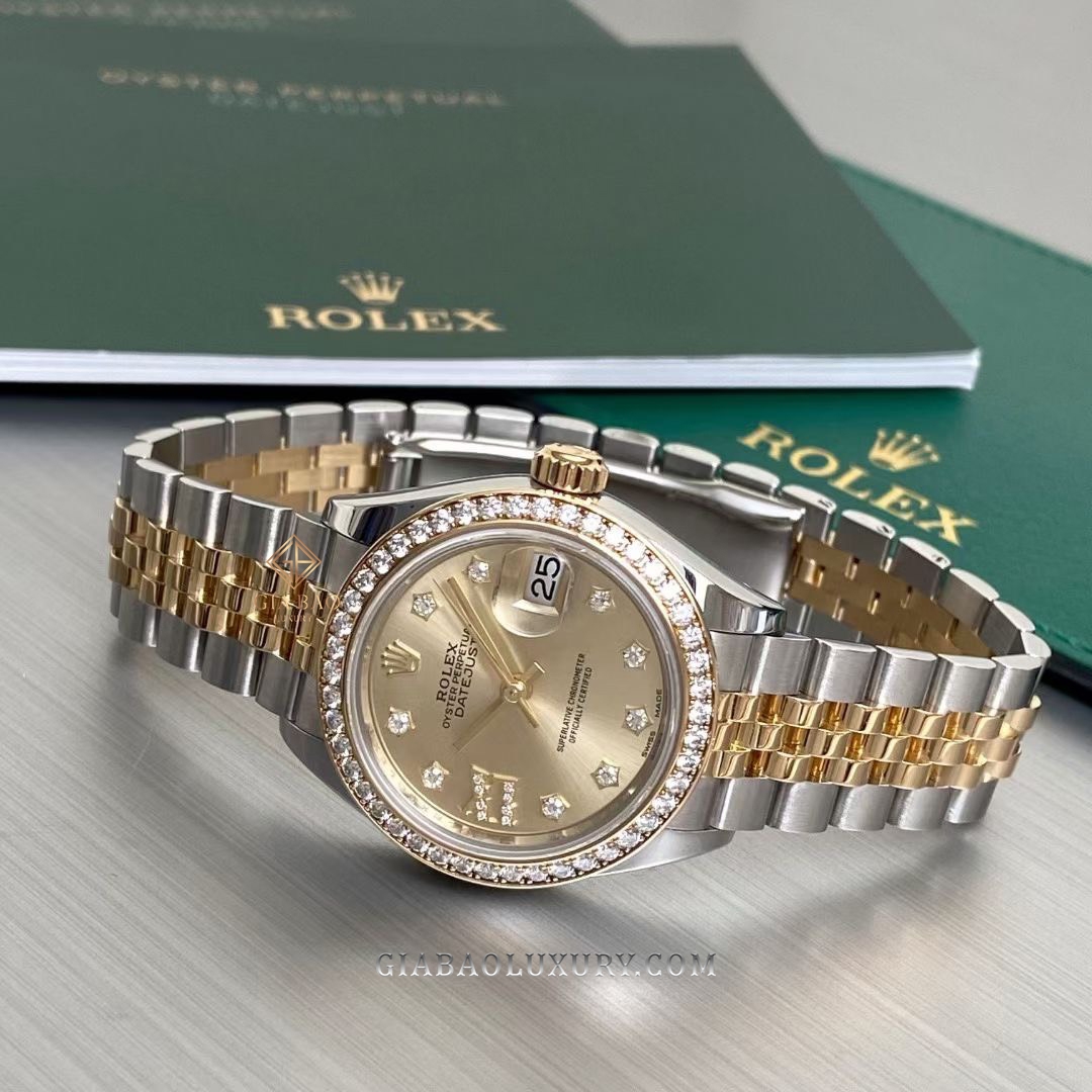 Đồng Hồ Rolex Lady Datejust 279383RBR Mặt Số Vàng Champagne Cọc Số Sao Dây Đeo Jubilee