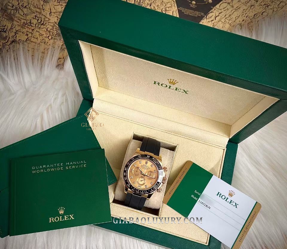 Đồng Hồ Rolex Cosmograph Daytona 116518LN Mặt Số Vàng Champagne Nạm Kim Cương